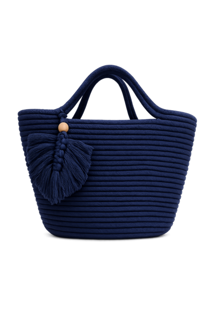 Navy Blue Macramé Tote Bag