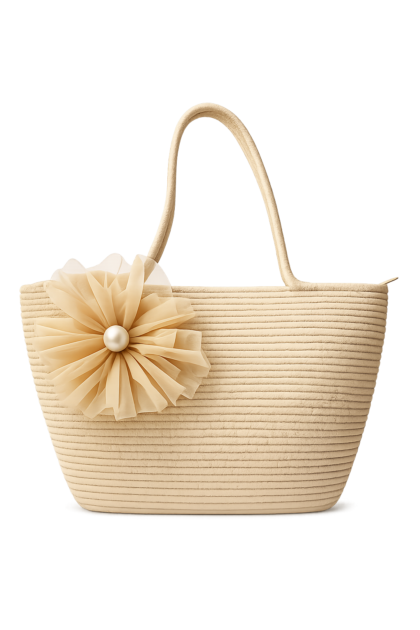 Beige Woven Jute Tote Bag